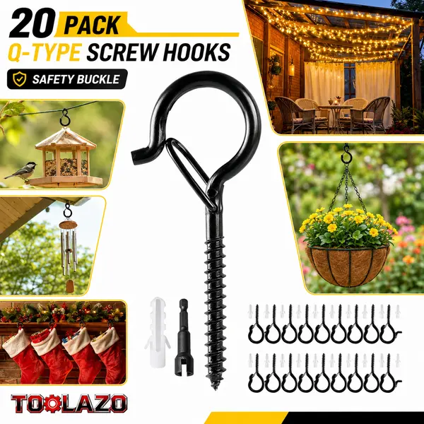 20-Pack Slip-Resistant Q-Type Screw Hooks with Safety Buckle