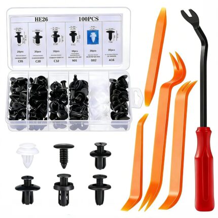 100PCS Automotive Push Pin Retainer Clips with 4 Pry Bars, Clip Remover and Storage Box, 6-Size Nylon Fastener Kit for Door Panels, Bumpers, Fender Liners, Dashboard Trim and DIY Car Repair