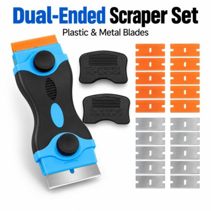 2-in-1 Double-Ended Razor Blade Scraper – 5 in Compact Household Item with 10 Plastic/Metal Blades, Protective Safety Caps, for Removing Stickers, Labels, Adhesive, Paint Residue from Cooktop/Glass, Windows