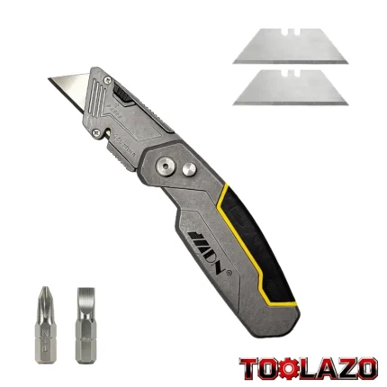 TOOLAZO Alloy Steel Heavy Duty Foldable 2-in-1 Multitool Knife - 1-Hand Operation, Quick-Change Blade, Spare Blades, 4.5in (11.43cm) Folded Carry, Flathead & Phillips Screw Bits, Pocket Clip Carry, Standard Size Compact EDC for Adults, Cardboard Cutting