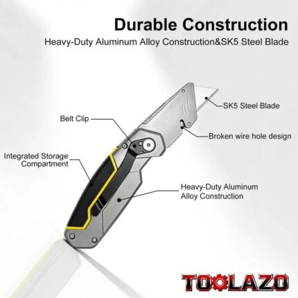 Heavy-Duty Portable Folding Hardware Utility Knife with Steel Handle - Retractable Safety Box Cutter, 5 Extra Blades, Belt Clip, Anti-Slip Grip for Office, Warehouse, Packaging & Cardboard Cut Tasks